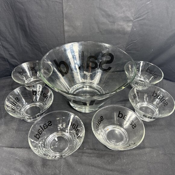 VTG Glass Salad Bowl Set – 1 Large + 6 Small Bowls w/ “Salad” Print Kitchenware - Picture 2 of 6